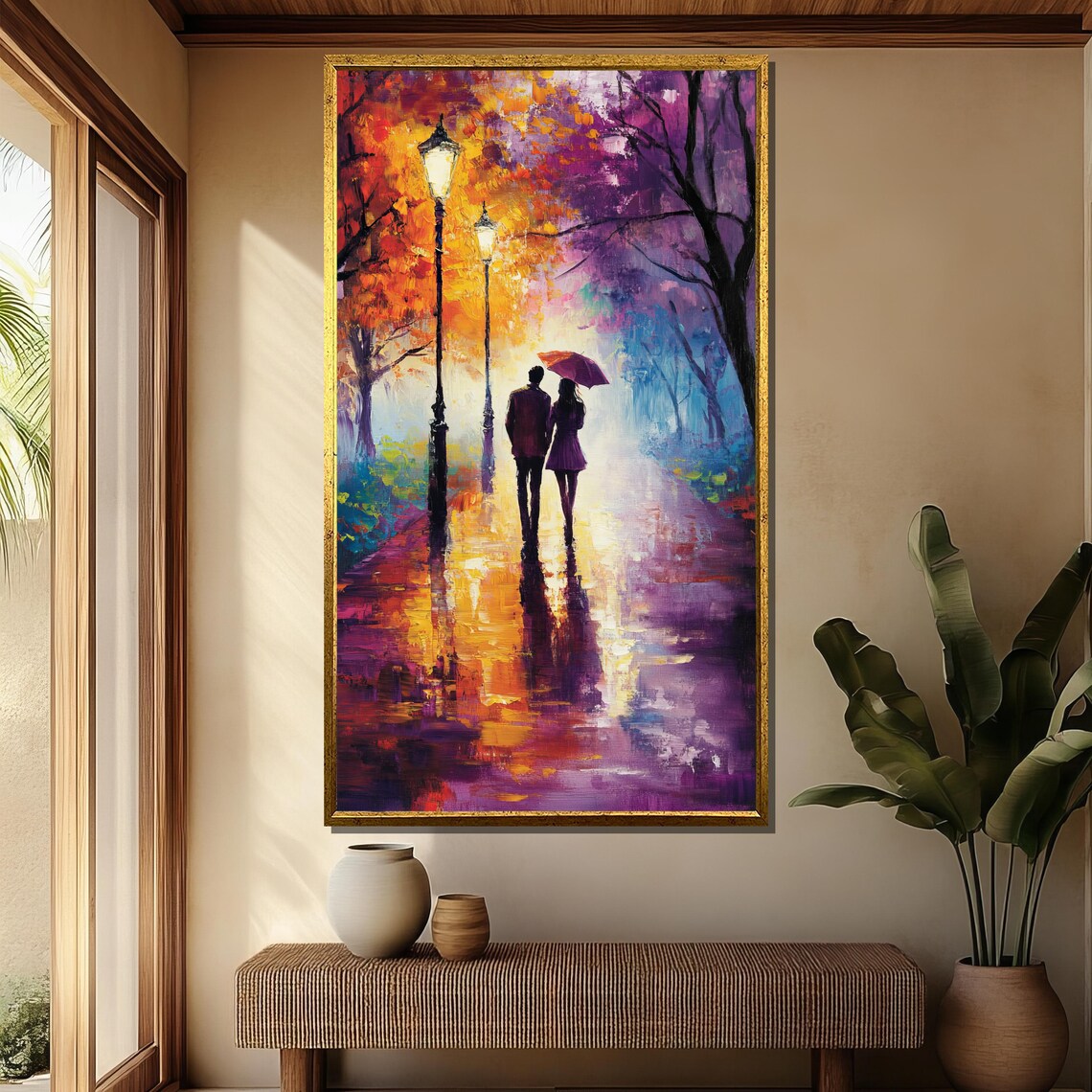 Couple With Purple Umbrella on Rainy Lamp Lit Street Art Poster - Image 4
