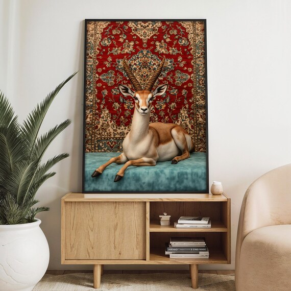 Graceful Gazelle Painting With Ornate Red Rug Design Exotic Wildlife Wall Art Gift For Nature Lovers And Luxury Dcor