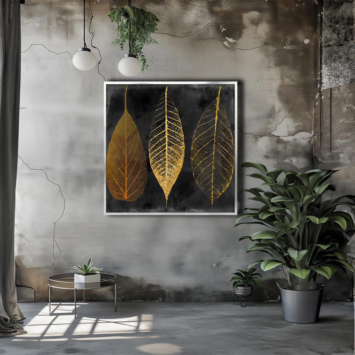 Golden Leaf Skeletons on Black Minimalist Botanical Art Poster - Image 3