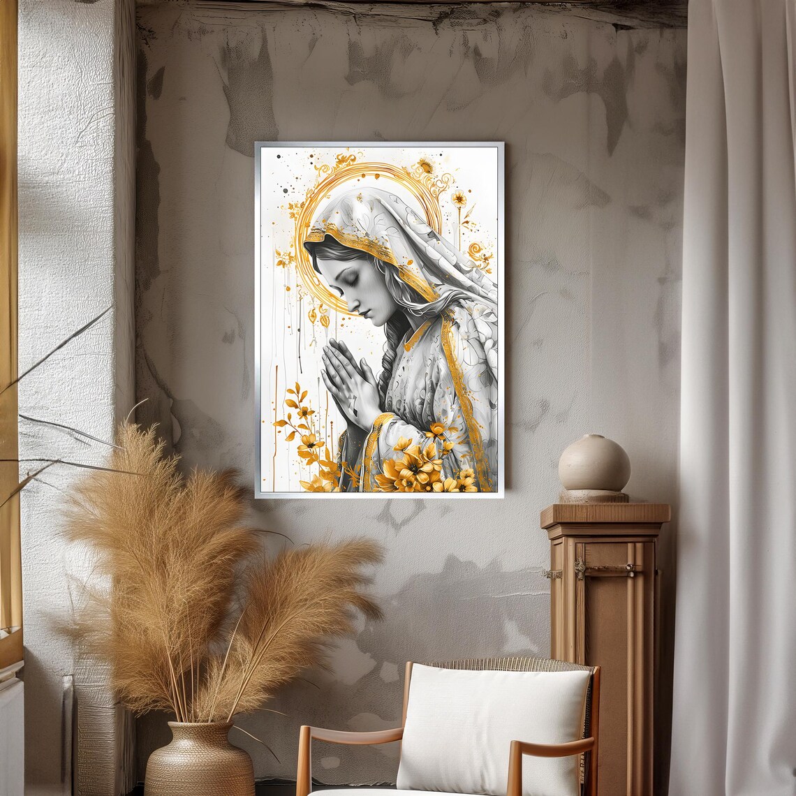 Praying Virgin Mary With Golden Halo And Floral Accents Poster - Image 3