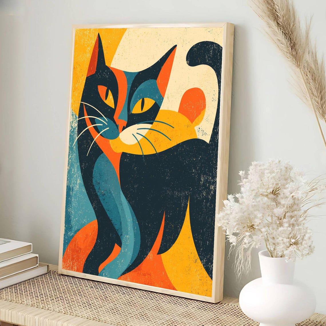 Minimalist Colorblock Black Cat Mid Century Modern Graphic Poster - Image 3