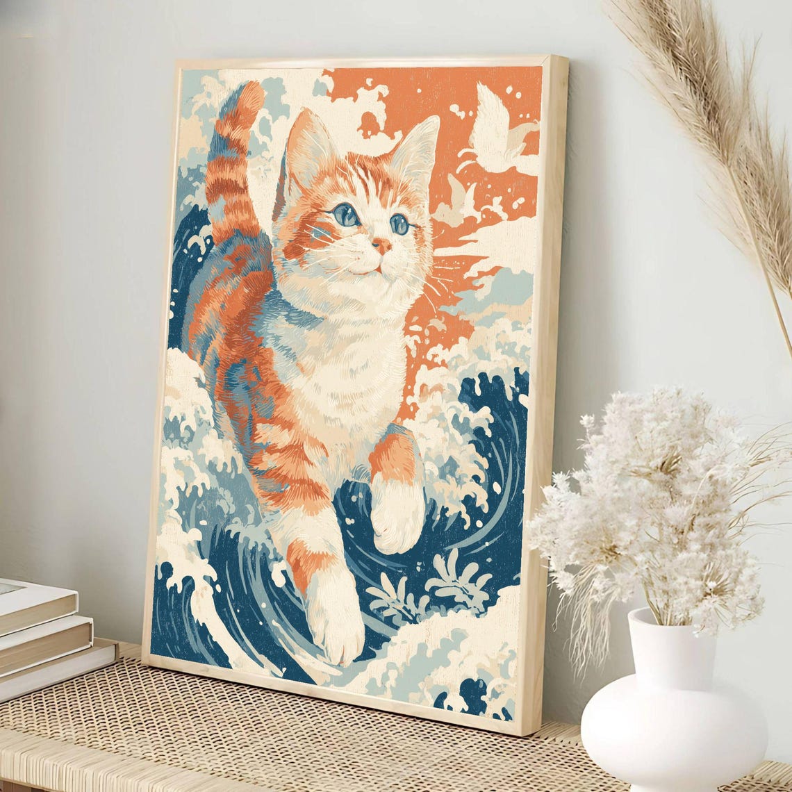 Ginger Cat Riding Giant Ocean Waves Japanese Woodblock Art Poster - Image 3