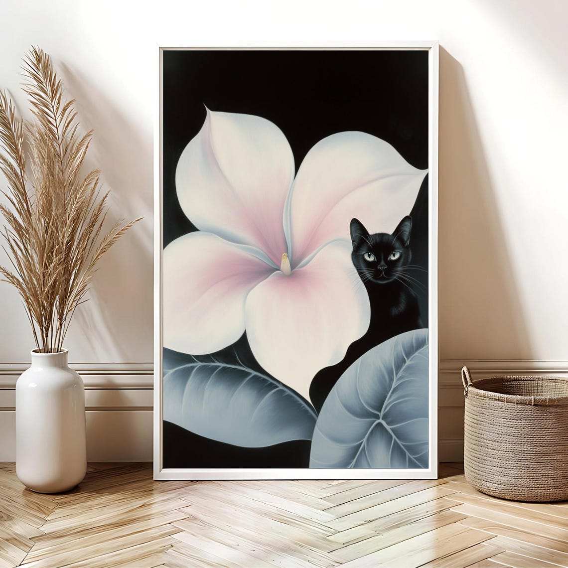Black Cat With Giant White Flower O Keeffe Style Botanical Poster - Image 3