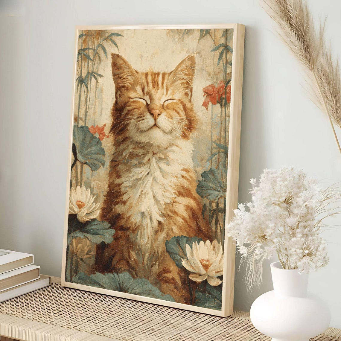Meditating Orange Fluffy Cat Lotus Flower Bamboo Garden Poster - Image 3