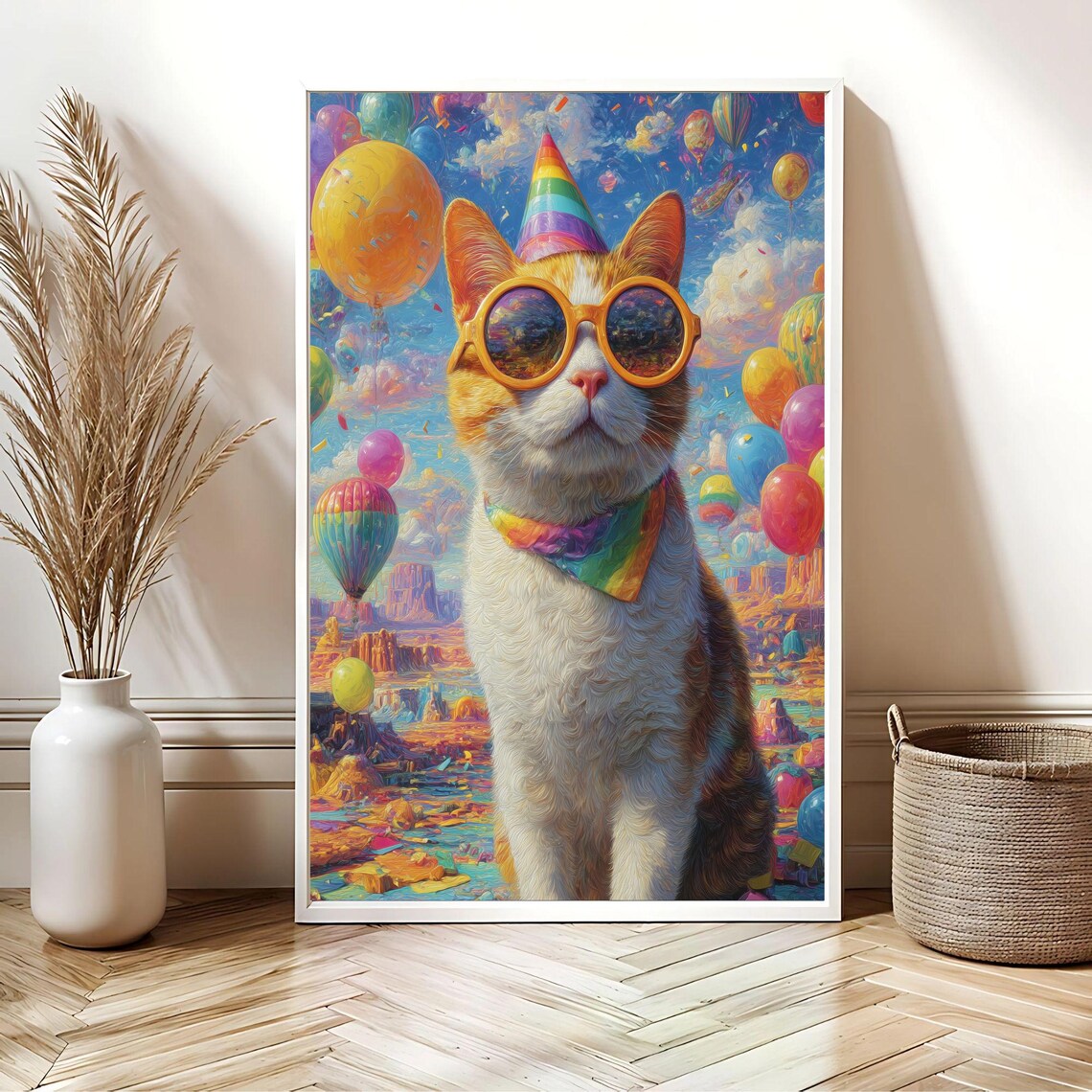 Party Cat With Sunglasses Balloons Confetti Surreal Dreamland Poster