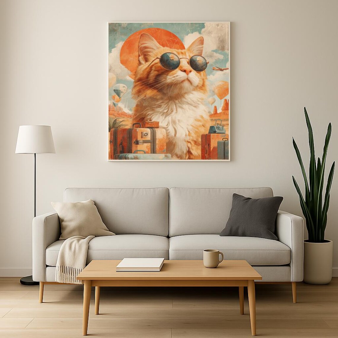 Retro Surreal Travel Cat Round Sunglasses Hot Air Balloons Poster - Image 2