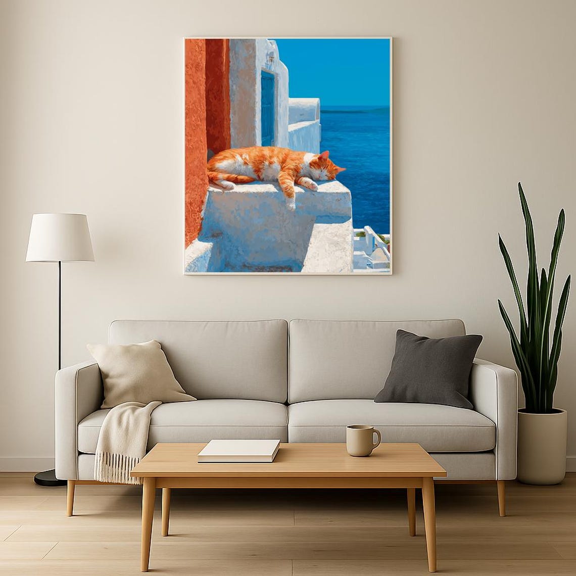 Sleeping Orange Cat Santorini Steps Blue Sea View Art Poster - Image 3