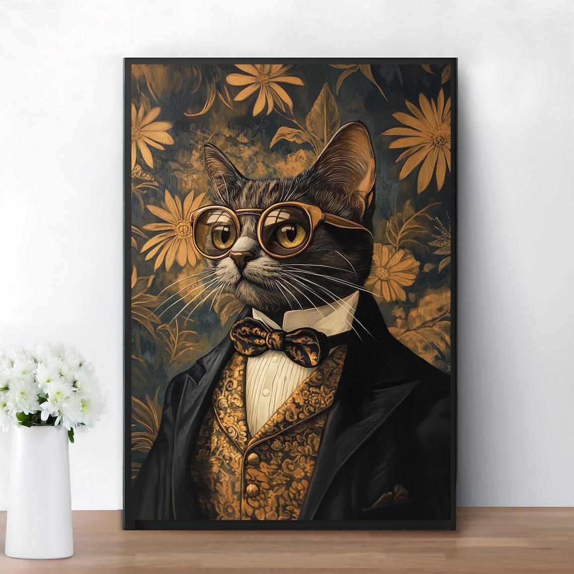 Dapper Tuxedo Cat in Glasses Gatsby Style Gold Floral Poster