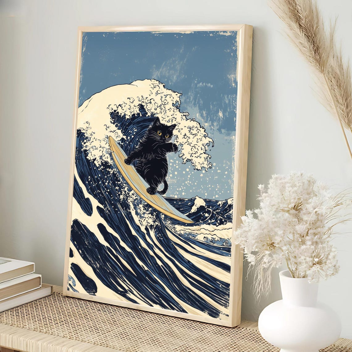 Hokusai Great Wave Surfing Black Cat Japanese Ukiyoe Art Poster - Image 3
