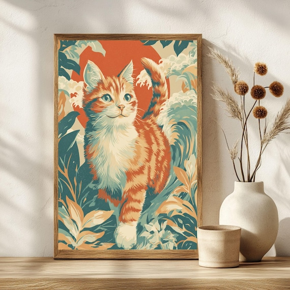 Playful Orange Tabby Kitten in Japanese Woodblock Sun Poster