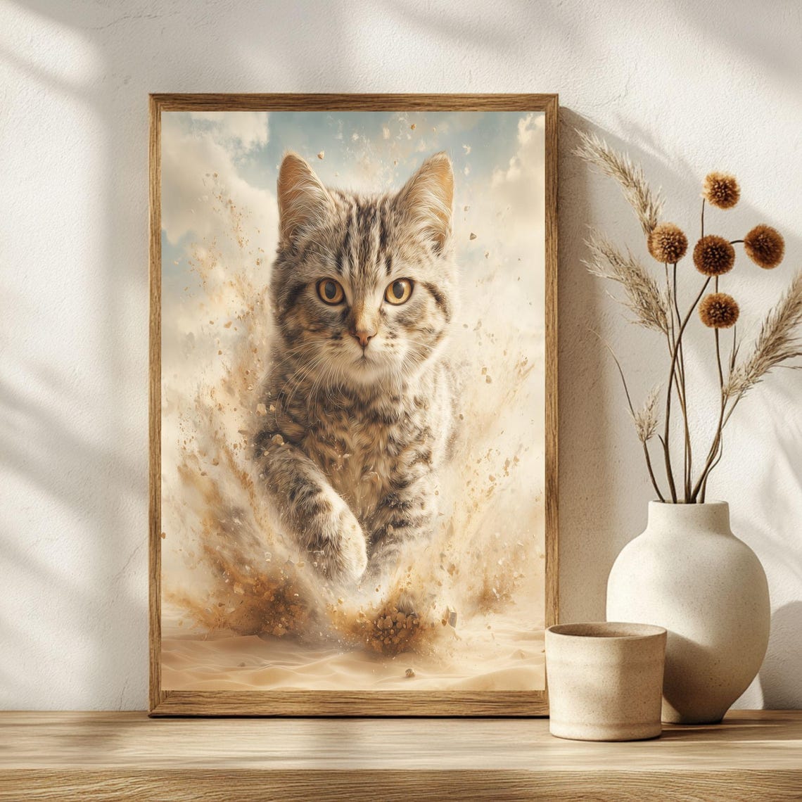 Stunning Tabby Cat Emerging From Golden Desert Sand Splash Poster
