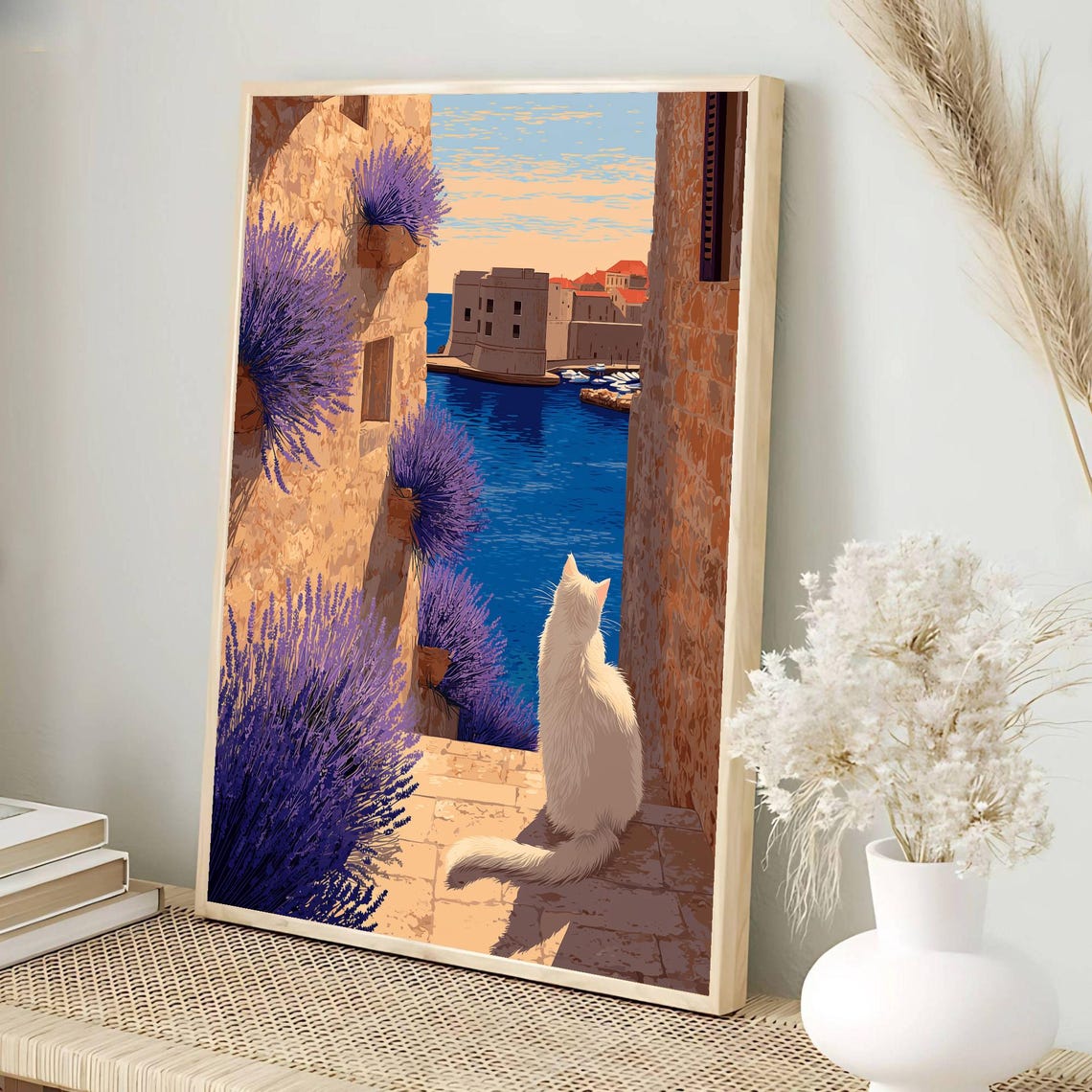 White Cat Harbor View Mediterranean Walled City Lavender Poster - Image 3