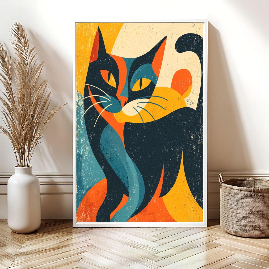 Minimalist Colorblock Black Cat Mid Century Modern Graphic Poster