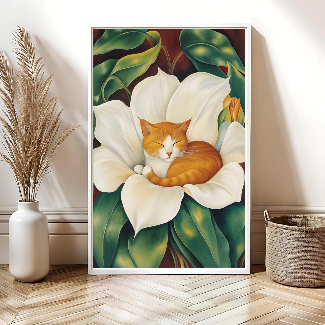 Ginger Cat Sleeping Inside Giant White Flower Floral Art Poster