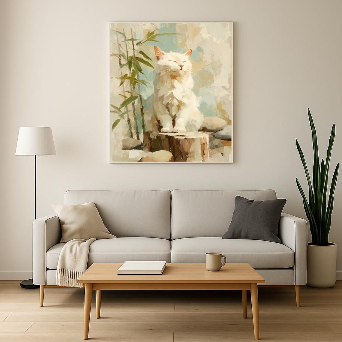 Meditating White Cat Bamboo Garden Serene Zen Painting Poster - Image 3