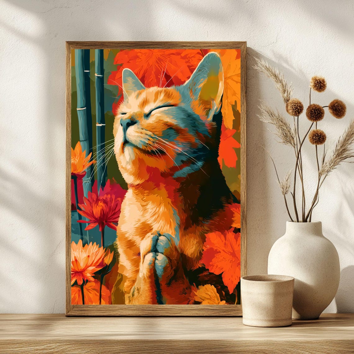 Bold Pop Art Zen Cat Meditating Orange Flowers Vibrant Wall Poster