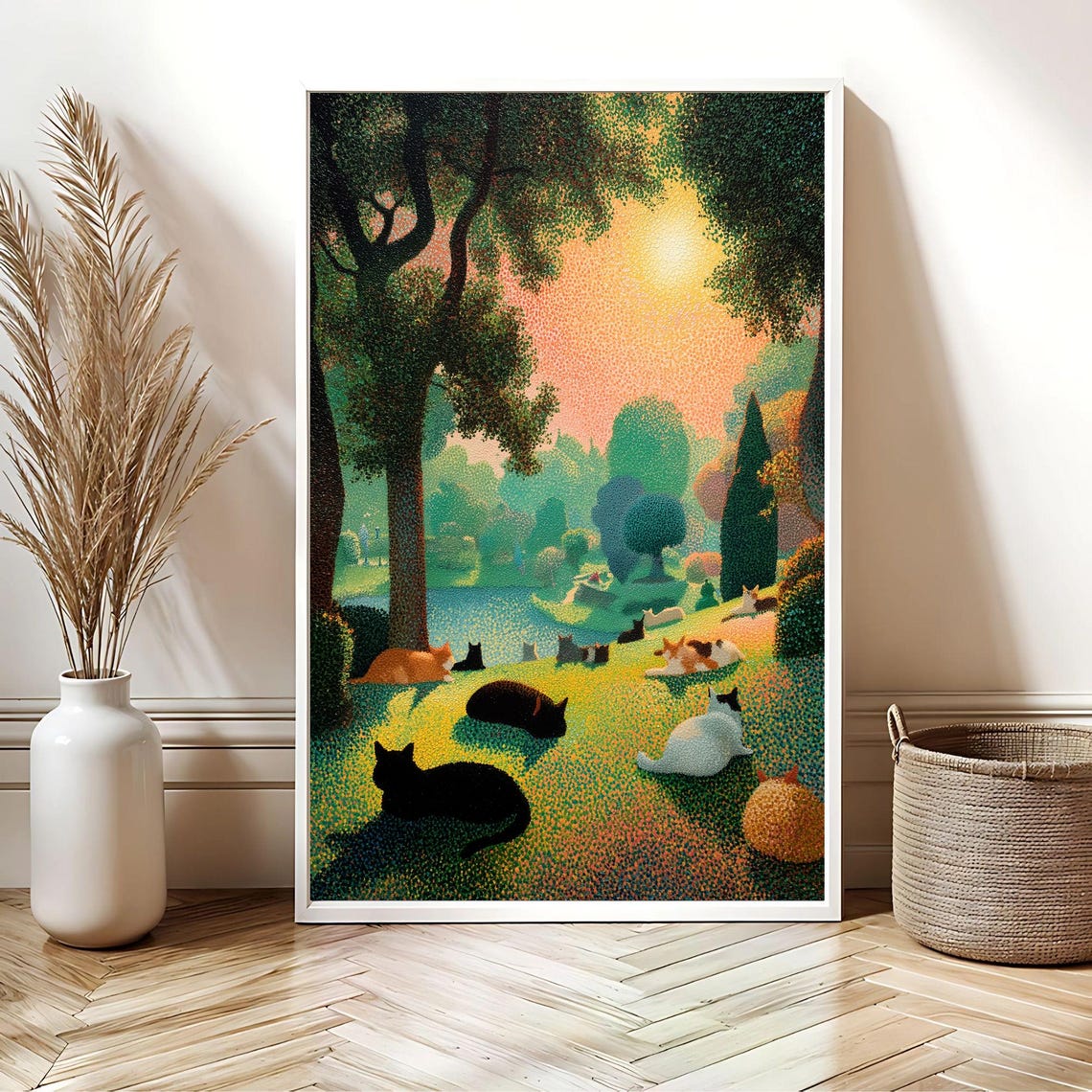 Lazy Cats Lounging in Sunny Park Seurat Style Pointillist Poster