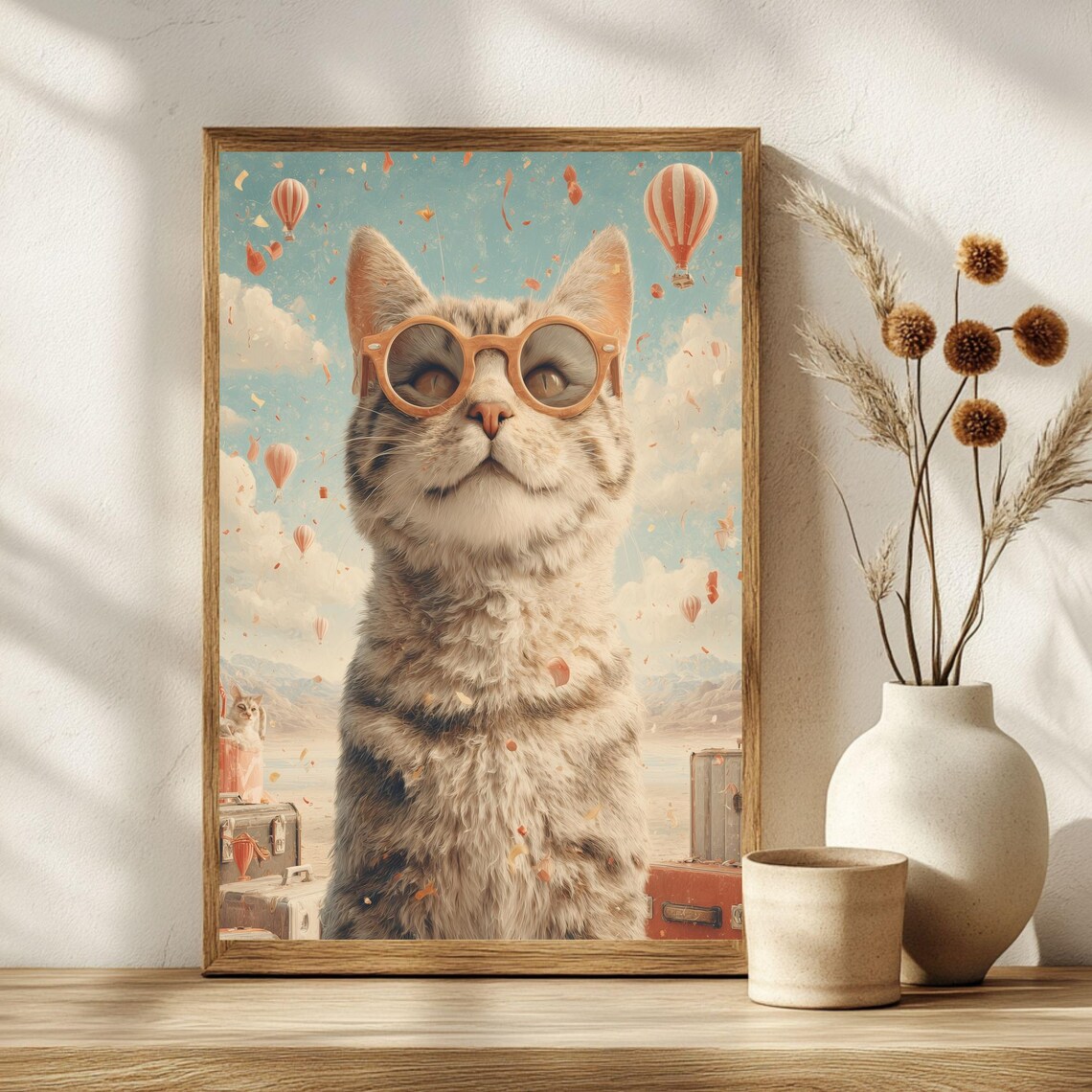 Whimsical Travel Cat in Sunglasses Hot Air Balloon Adventure Poster