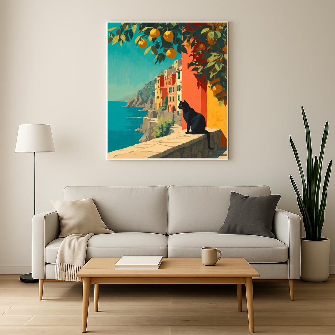 Amalfi Coast Black Cat Colorful Cliffside Village Sea View Poster - Image 2