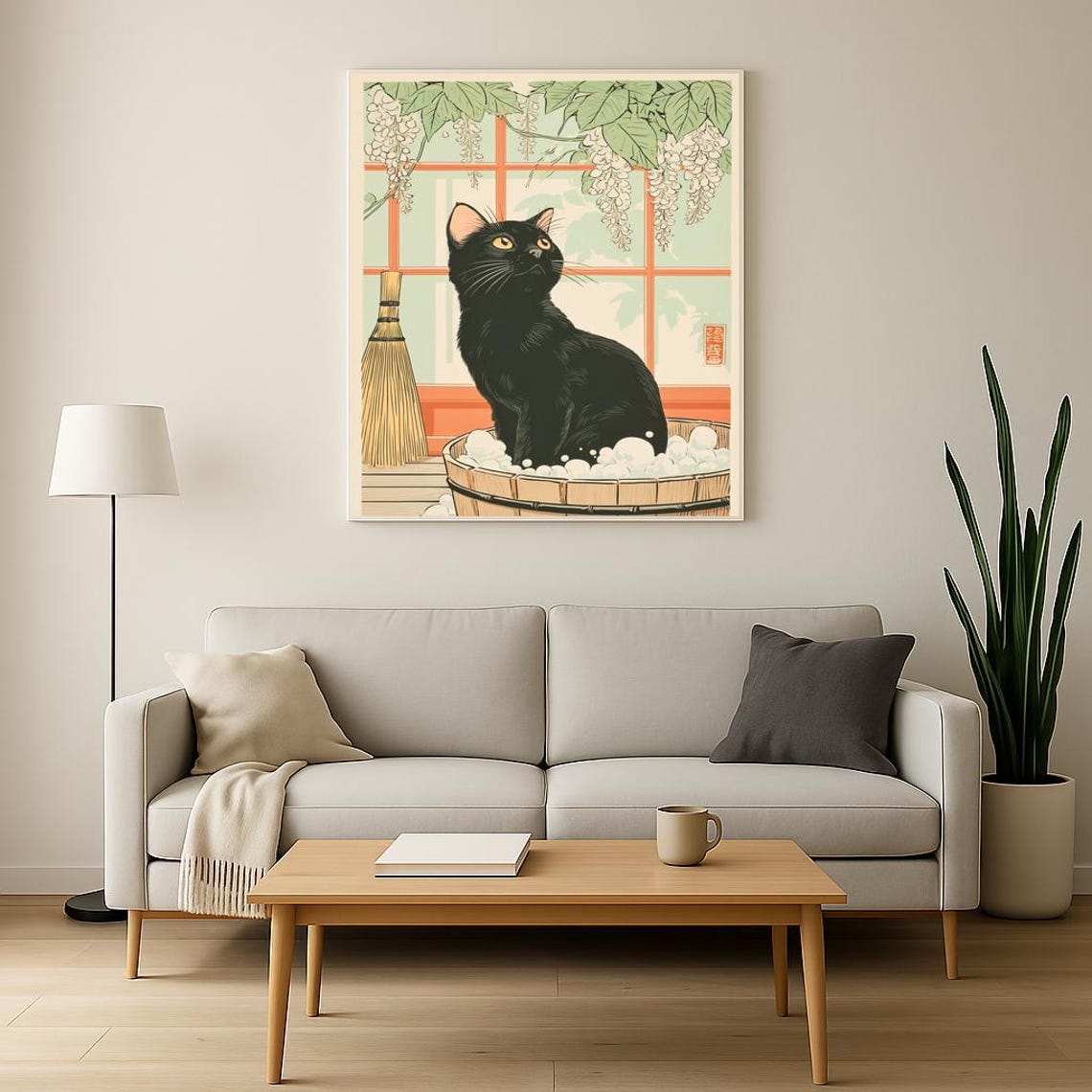 Black Cat Bubble Bath Zen Japanese Woodcut Style Wisteria Poster - Image 2