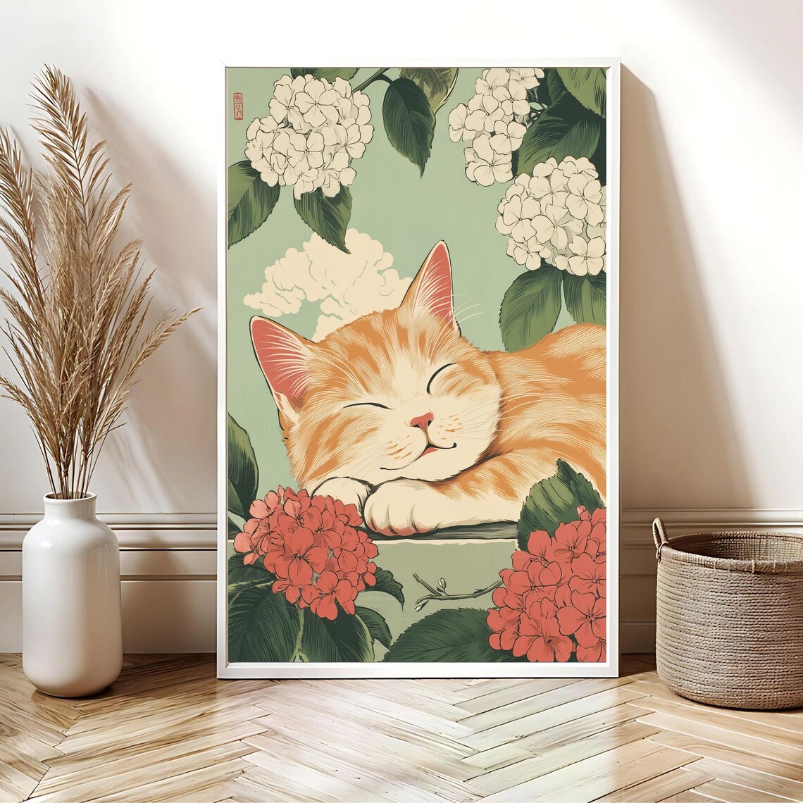 Sleeping Orange Cat Japanese Woodblock Hydrangea Flower Poster - Image 2