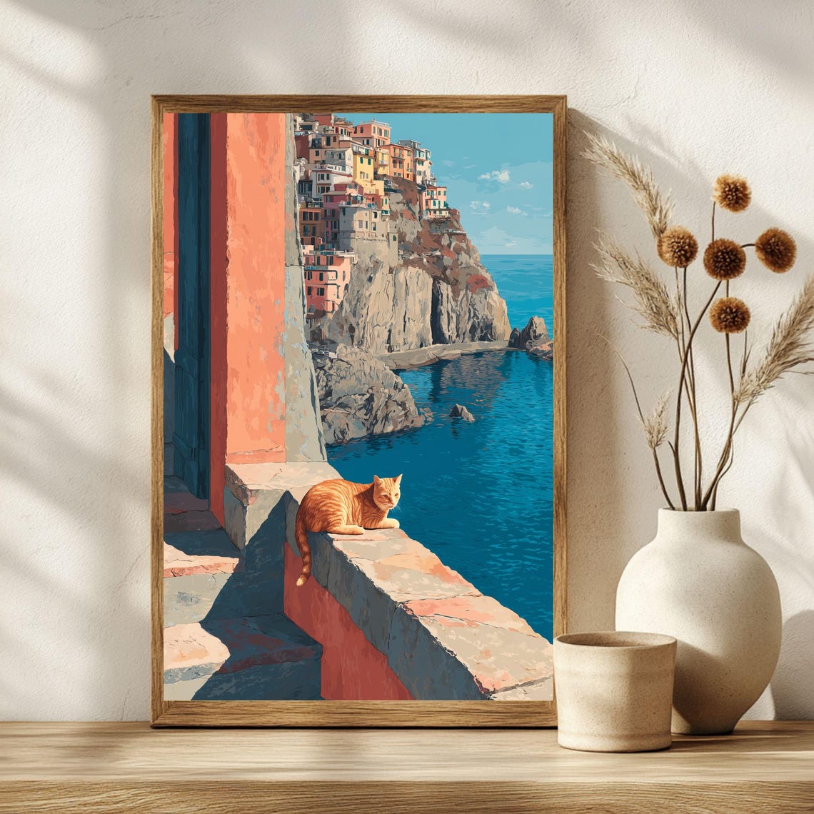 Orange Cat Above Italian Cliffside Village Coastal Travel Poster - Image 2