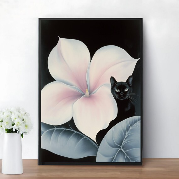 Black Cat With Giant White Flower O Keeffe Style Botanical Poster