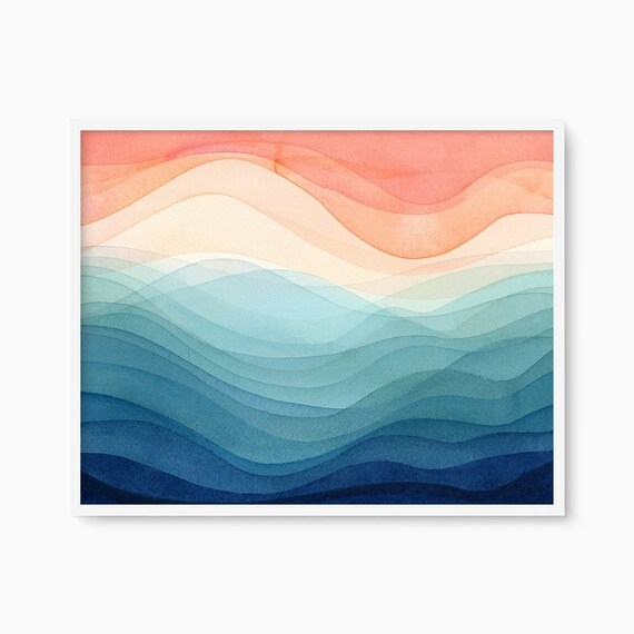 Coral And Teal Ocean Waves Pastel Abstract Watercolor Poster