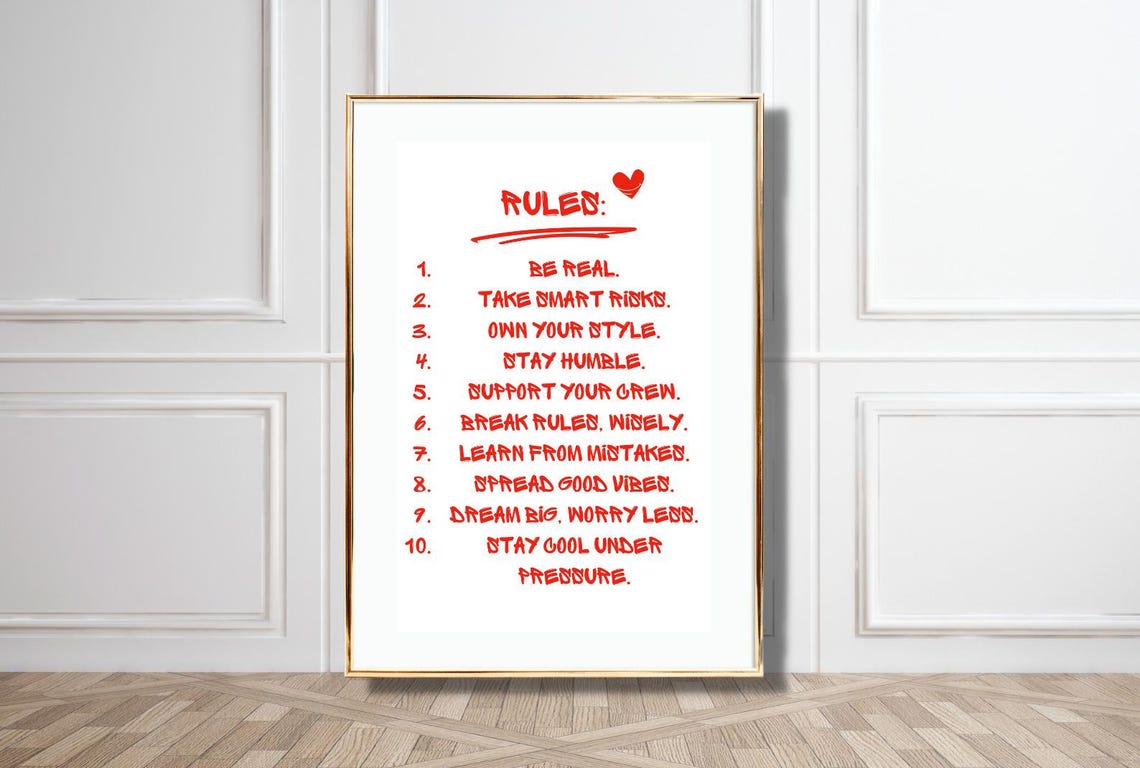 Inspirational Life Rules List 10 Ways To Live Red Typography Poster