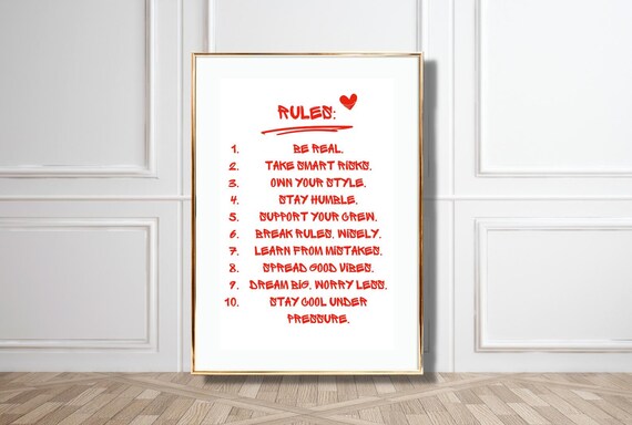 Inspirational Life Rules List 10 Ways To Live Red Typography Poster