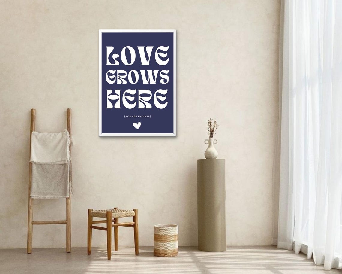 Love Grows Here Navy White Retro Typography Heart Quote Poster - Image 2