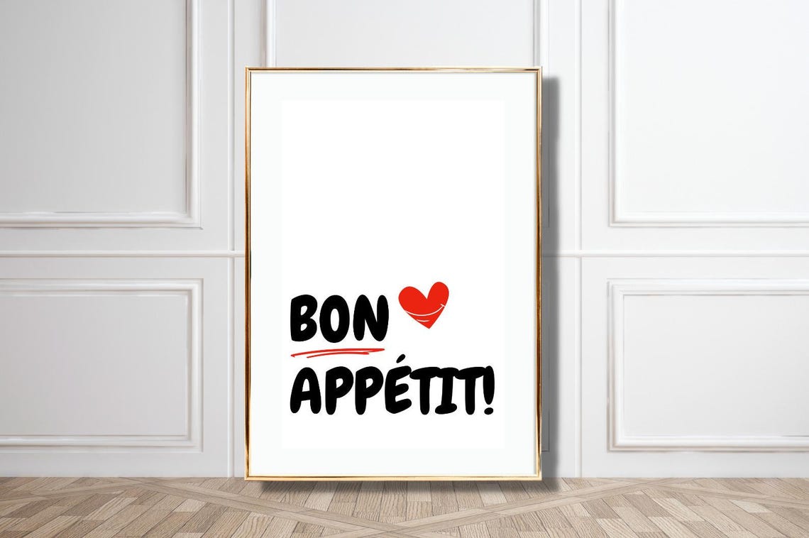 Bon Appetit Quote Brush Lettering Heart Red Accent Kitchen Poster