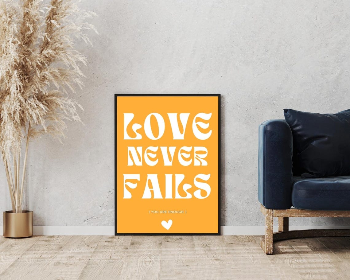 Love Never Fails Golden Yellow White Retro Typography Quote Poster - Image 5