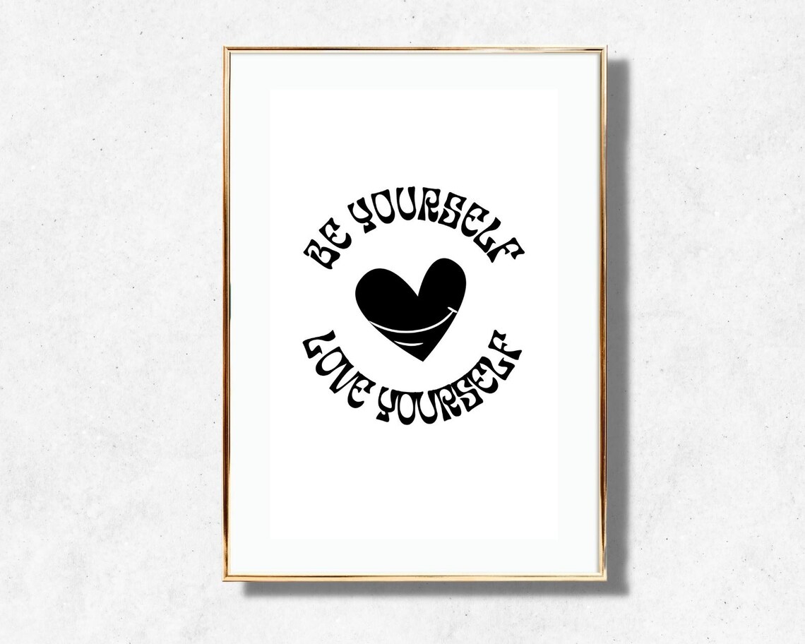 Be Yourself Love Yourself Black Retro Heart Minimalist Affirmation Poster - Image 2