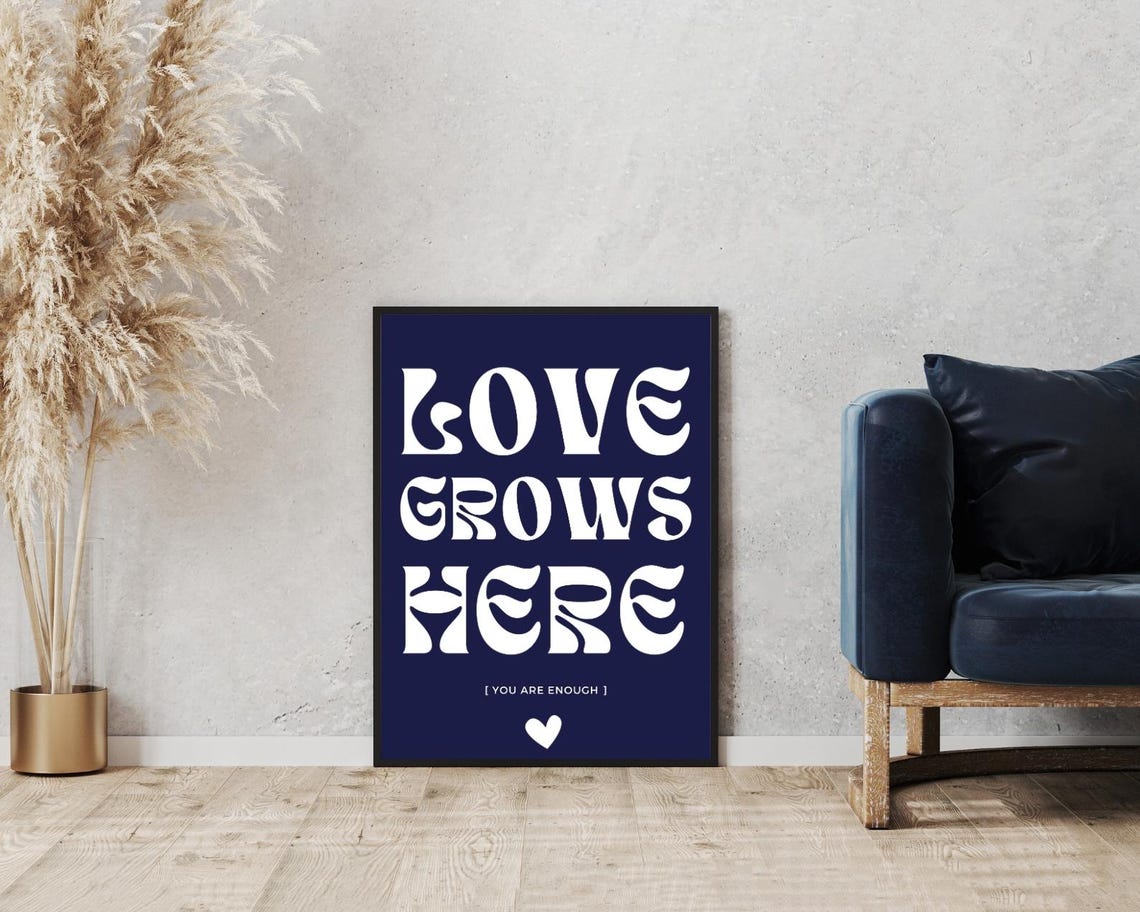 Love Grows Here Navy White Retro Typography Heart Quote Poster - Image 5