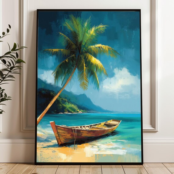 Living Room Decoration Tropical Beach Art Print Blue Green Poster Palm Trees Boat Summery Wall Design Vintage Flair Pictures