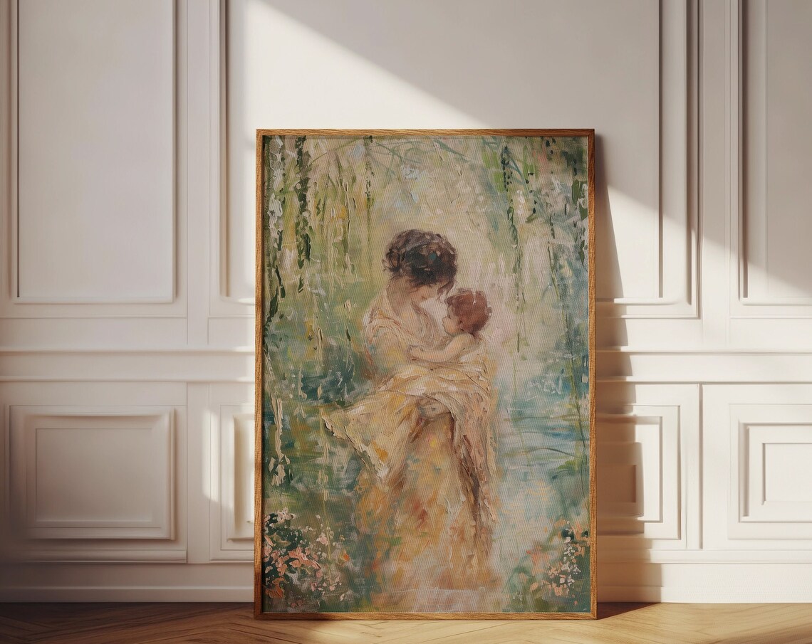 Mother Holding Child in Impressionist Garden Painting Poster