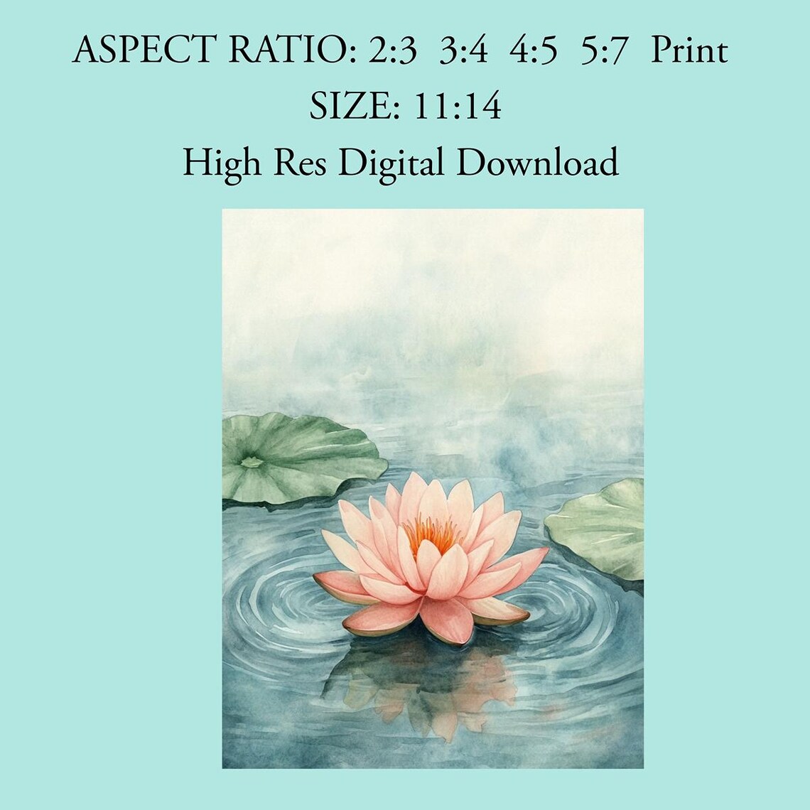 Pink Water Lily Floating on Blue Pond Watercolor Floral Poster - Image 4