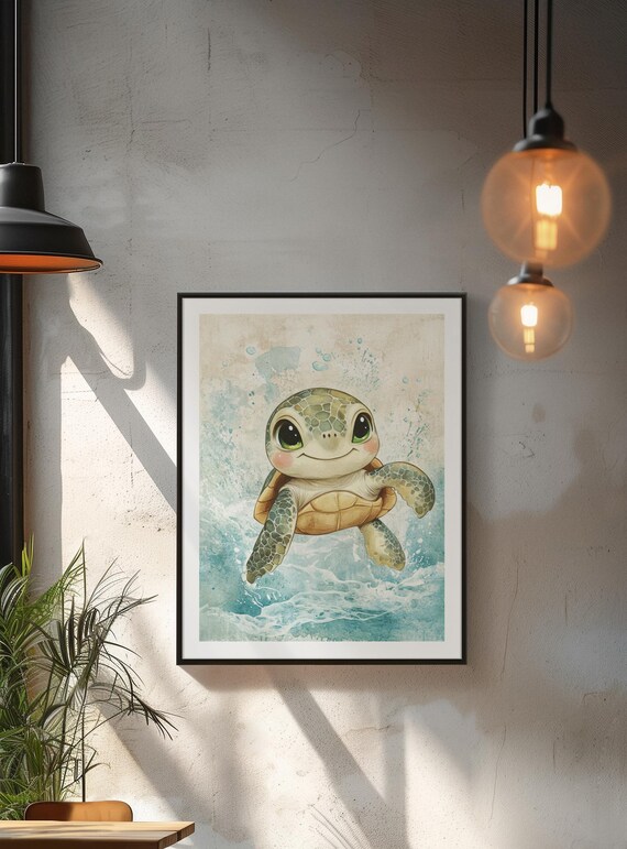Cute Baby Sea Turtle Watercolor Ocean Nursery Kids Animal Poster