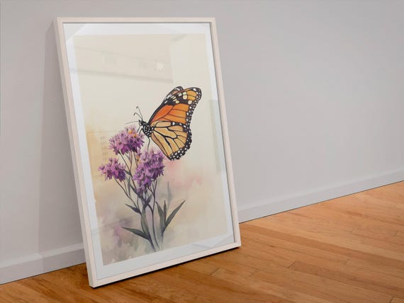 Watercolor Monarch Butterfly Wall Art Print Purple Flowers Poster Nature Decor Minimalist Insect Art Boho Home Decor