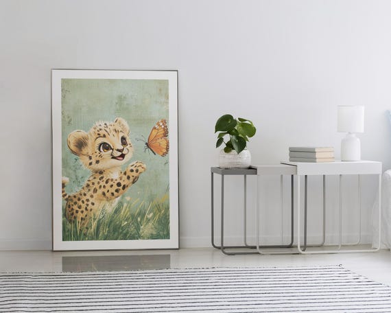 Cute Cheetah Wall Art Print Kawaii Watercolor Butterfly Decor Nursery Art Baby Animal Poster Whimsical Meadow Gift