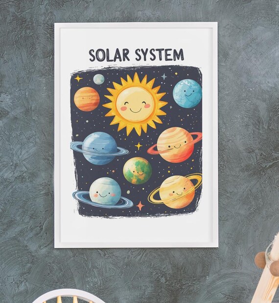 Cute Solar System Wall Art Print Dark Space Illustration Starry Sky Decor Kids Nursery Art Educational Space Poster