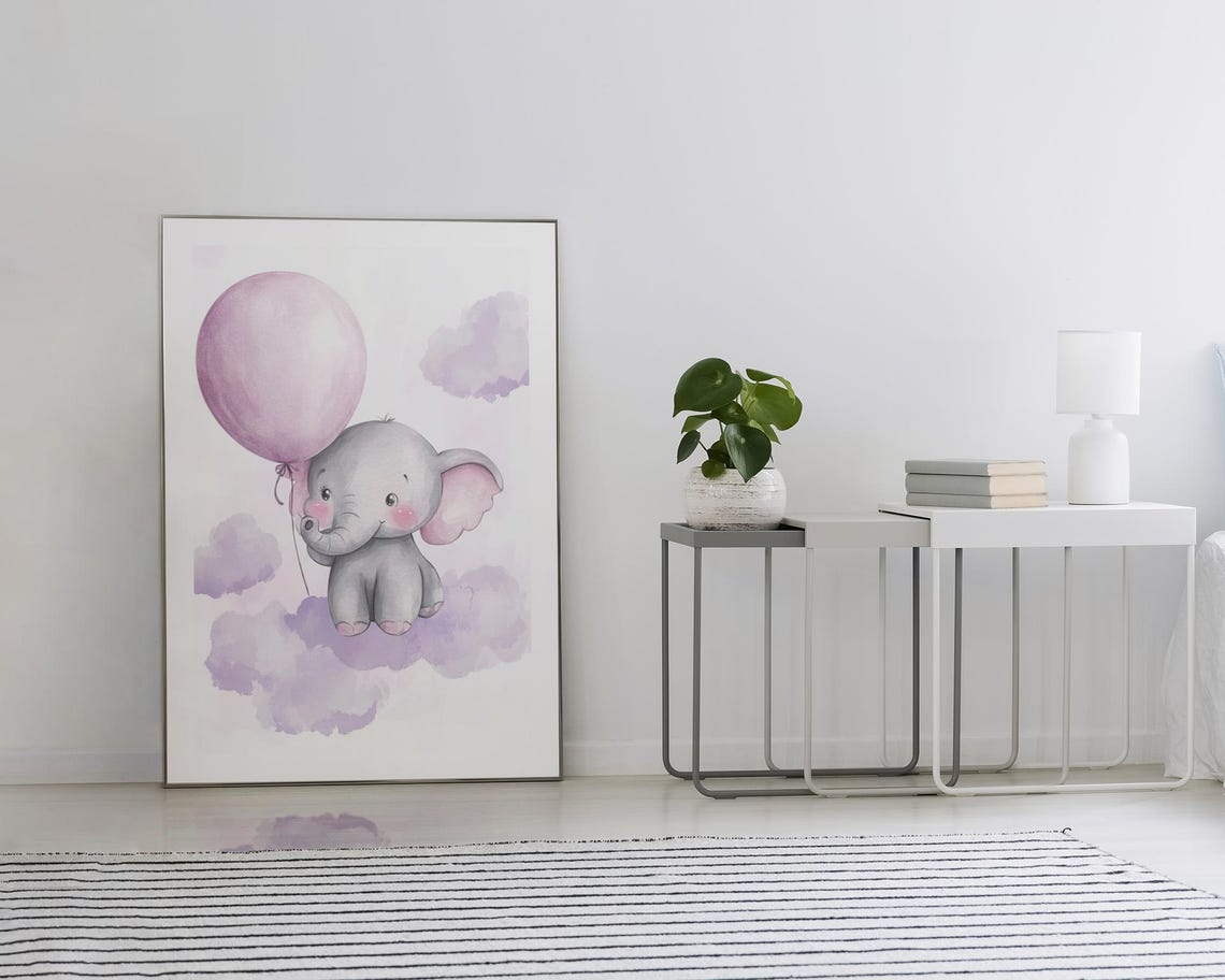 Baby Elephant Holding Pink Balloon Watercolor Nursery Wall Art - Image 2