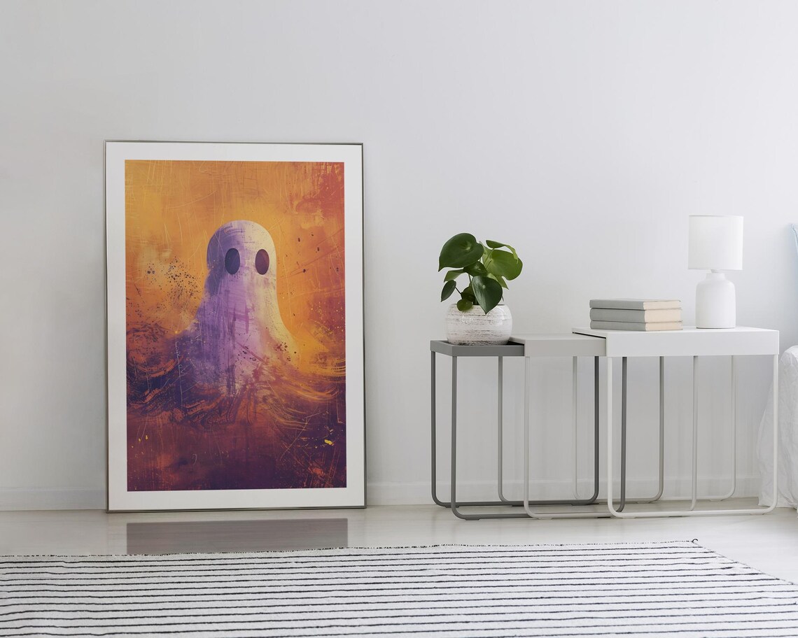 Cute Ghost On Orange Purple Gradient Whimsical Halloween Art Poster - Image 2