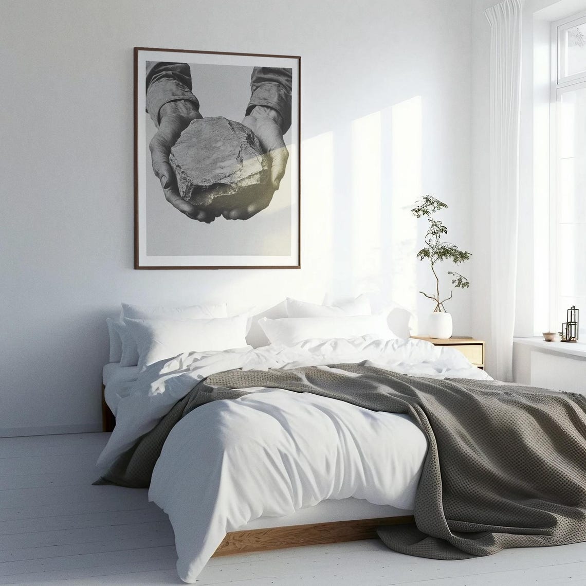 Weathered Hands Holding Rough Stone Hyperrealistic Charcoal Poster - Image 3