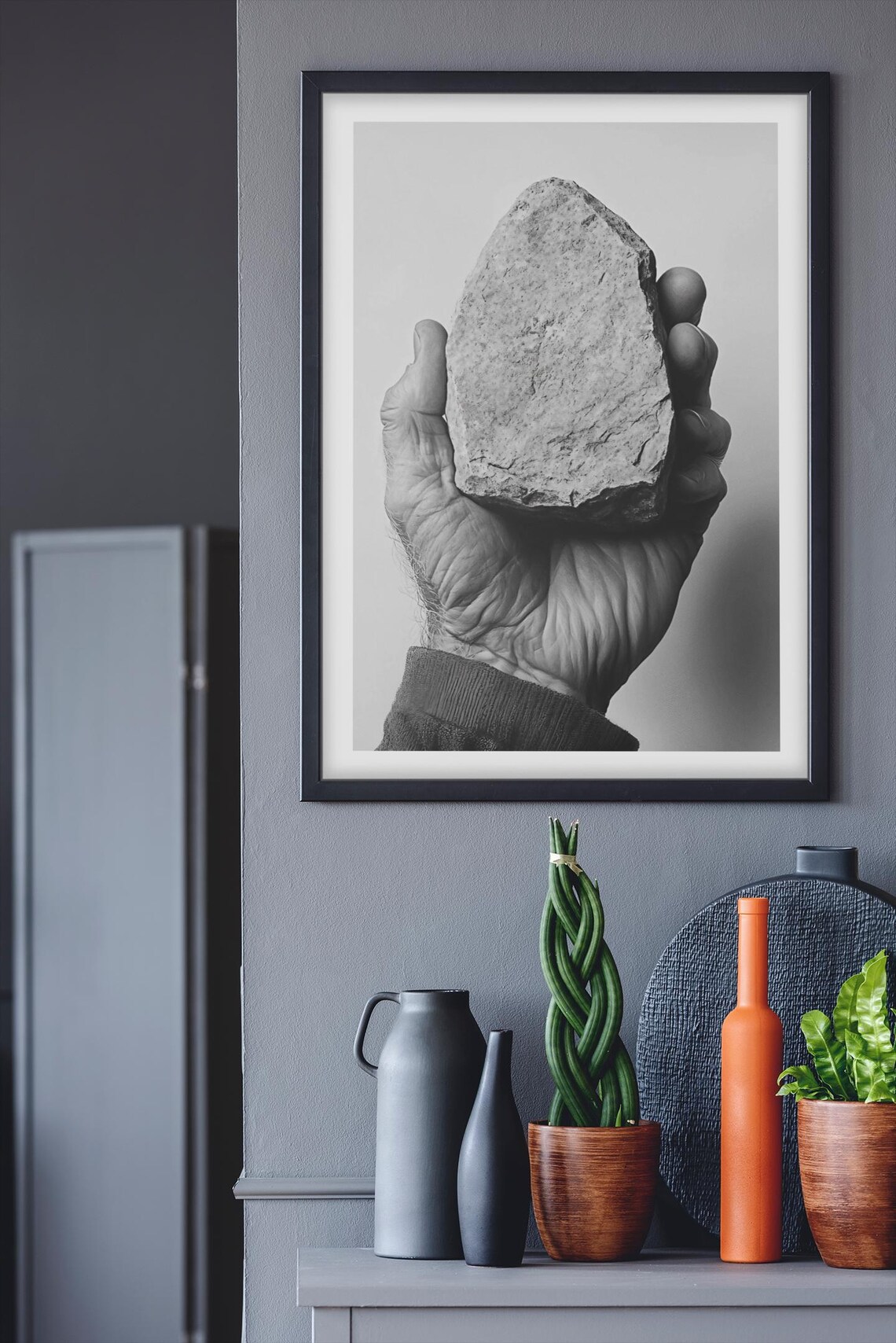 Minimalist Black And White Hand Holding Stone Photo Art Poster - Image 3