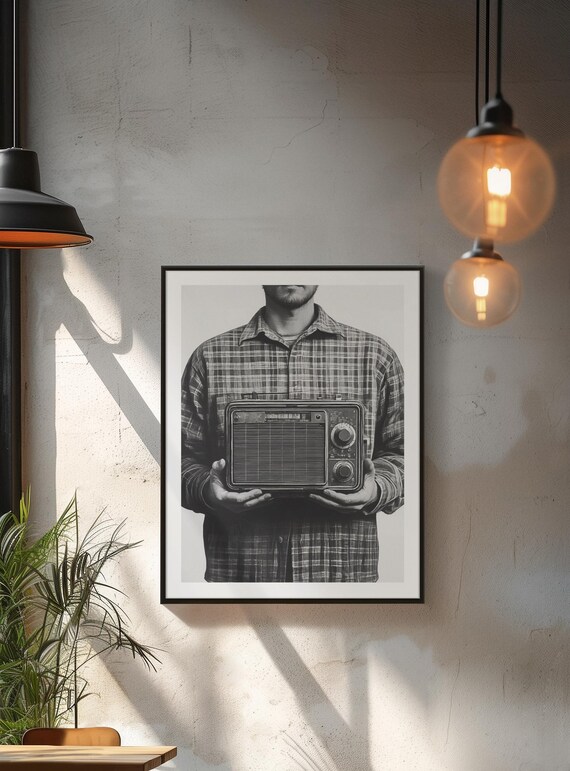 Black And White Man Holding Vintage Radio Nostalgic Photo Poster