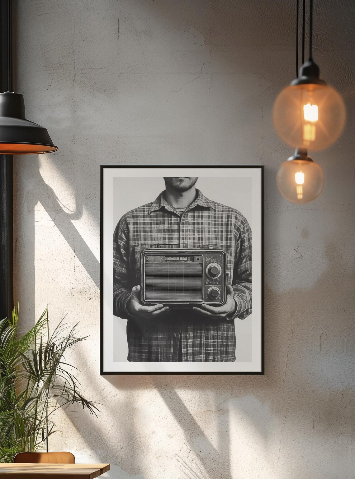 Black And White Man Holding Vintage Radio Nostalgic Photo Poster