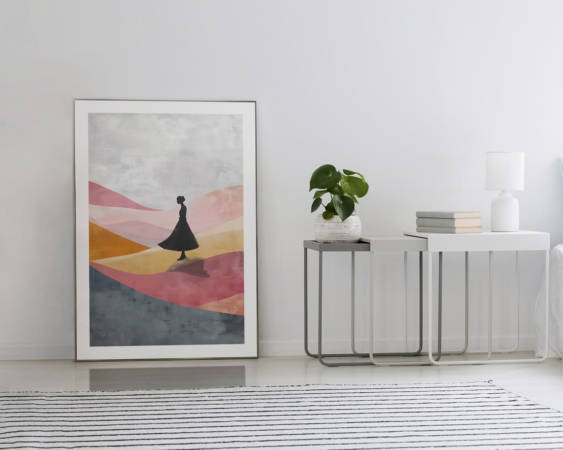 Woman Silhouette Walking Colorful Rolling Hills Abstract Art Poster - Image 2