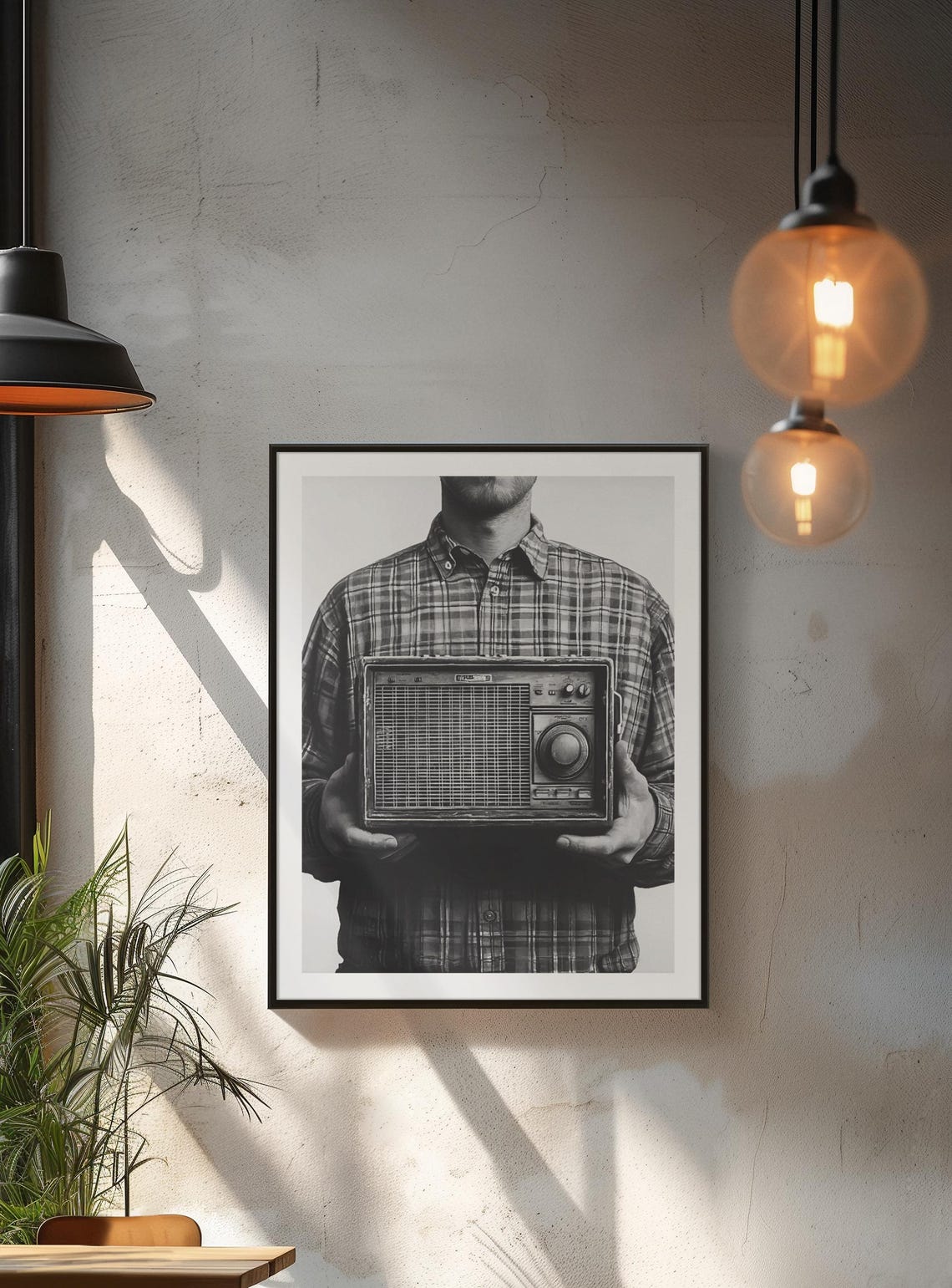 Man In Plaid Holding Vintage Radio Black And White Retro Poster